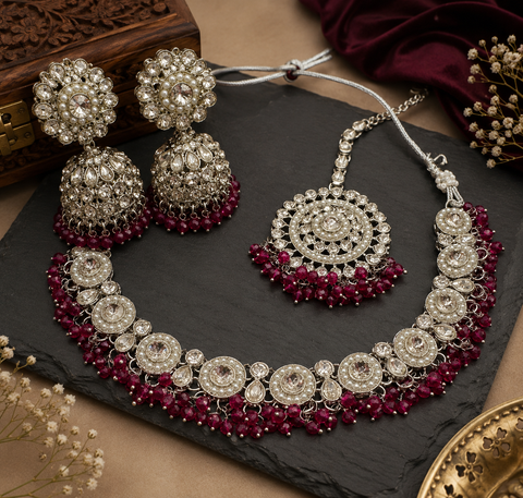 Silver Jerkan stone with pearls beaded necklace set with beautiful earrings & tikka