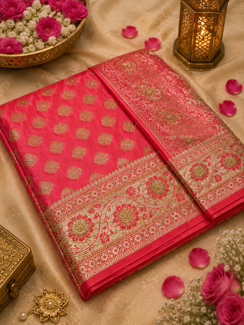 Luxurious Banarasi Silk Saree with rich zari weaving and elegant stone work on the pallu. Comes with an attached blouse piece. Model image is for reference only; slight variation in color and design may occur.