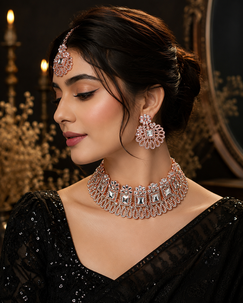 Rosegold & Silver Jerkan Stone Beautiful Necklace Set(Slight Variation In Color And Design Is Possible )