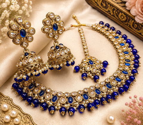 Original Polki stone with pearls beaded work beautiful necklace with earrings and tikka set