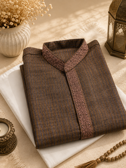Brown colour cotton based kurta pajama (slight variation in color and design is possible)