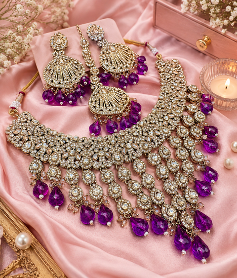 Original Polki stone with pearls beaded work beautiful necklace with jhumka and tikka set