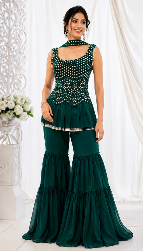 Georgette Based All Over Sequin Work Sharara Suit Size 40(Upto 44) (slight variation in color and design is possible)