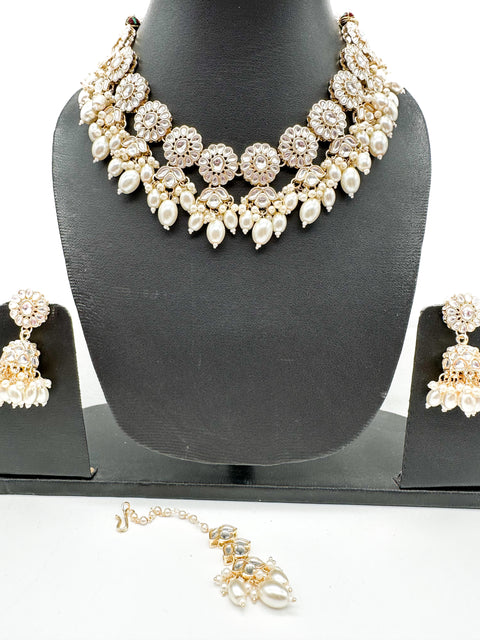 Kundan studded & pearls work designer heavy work Necklace set with beautiful Earrings & Tikka