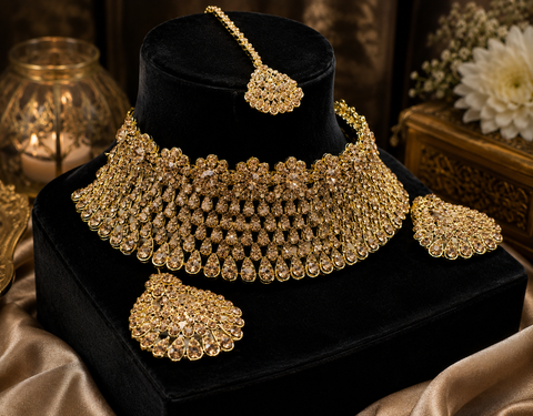 Golden Jerkan Stone Beautiful choker Necklace Set (slight variation in color and design is possible)