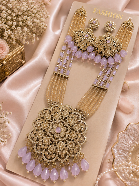Crystal pearls with fine golden Jerkan stone With Pearls Beaded Necklace Set With Beautiful Earrings(slight variation on color & design is possible)