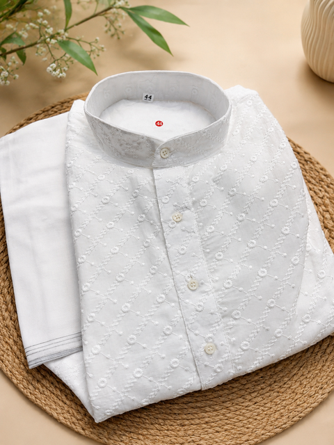 White colour cotton  based chikankari work kurta with white pajama(slight variation in color and design is possible)