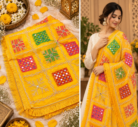 Beautiful embroidered Phulkari dupatta adorned with colourful traditional motifs and delicate mirror work.Slight variation in color and design is possible