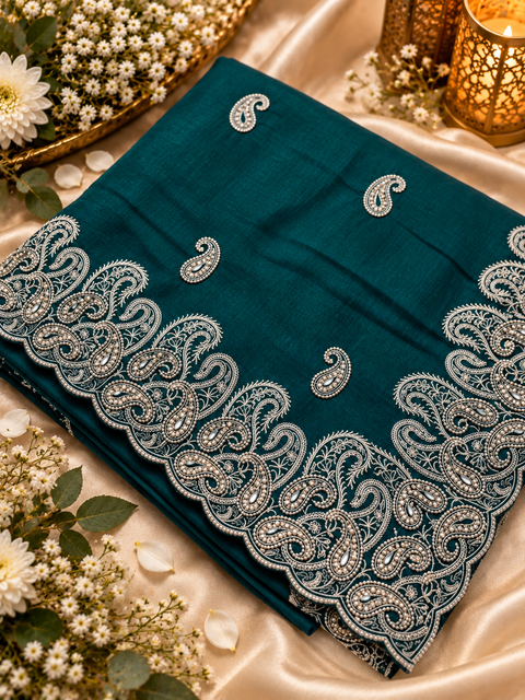 Teal color Soft silk blend saree with a beautiful fall, featuring intricate paisley embroidery and all-over buti work. Attached blouse piece included; model blouse is for reference only. Slight variation in colour and design is possible.