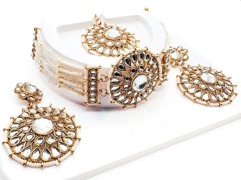 Pearls beaded with Kundan stone beautiful choker necklace with Earrings & Tikka