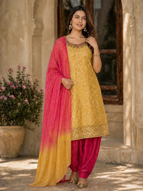 Size 42 Cotton  silk Based Embroidery &Sequined work Kameez  With Salwar and georgette dupatta(slight variance in color and design is possible)