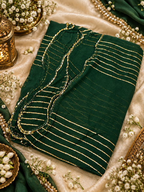 Elegant chiffon dupatta with delicate gold stripe detailing. Lightweight, flowy and perfect for festive or party wear.slight variation in color & design is possible