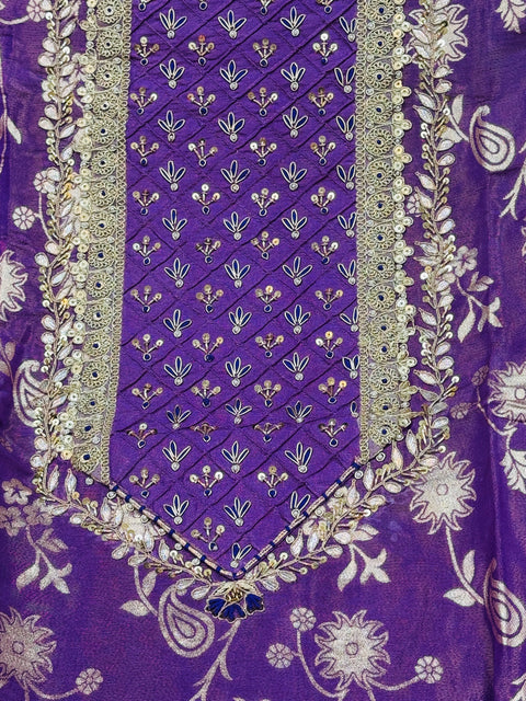 Purple tissue silk based brocade zari work embroidery with handwork kameez with plain silk bottom fabric (2.75 mtrs) and chiffon silk heavy zari work dupatta