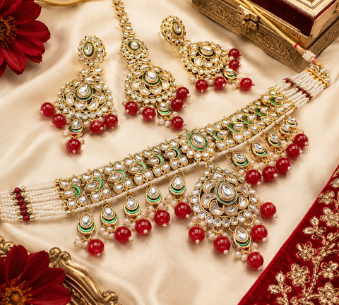 Beautiful Kundan and pearls work classy choker set with beautiful earrings & Tikka