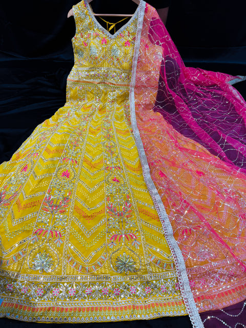 Georgette base embroidery work with sequins and stones work all over at front and back )designer gown/kameez and netting embroidery dupatta