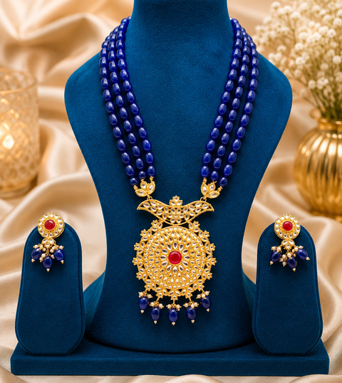 Nevi Blue colour beads work with kundan stone meenakari work Peacock design beautiful rani haar necklace set (slight variations in color and design is possible)