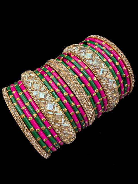 Green & Hot Pink Glass bangles with golden brass bangles set (displayed picture is for both hands set) price is for whole set displayed in picture)