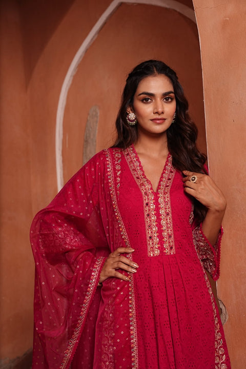 Pure & Soft Rayon Based Designer Embroidered & Mirror Work Chikankari Kurti With Plazo Pants & Dupatta(Video Clip Attached)