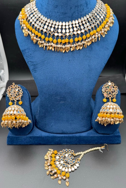 Pearls with original mirror work necklace set with Jhumka & tikka