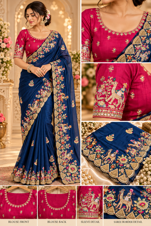 Elegant soft saree featuring intricate traditional figure and floral handwork with a rich scalloped border for a festive statement look. Attached blouse piece included; model blouse is for reference only. Slight variation in colour and design is possible.