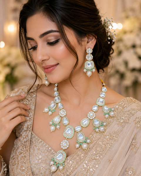 Kundan with jerkan stone designer long necklace with earrings