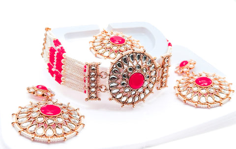 Pearls beaded with Kundan stone beautiful choker necklace with Earrings & Tikka