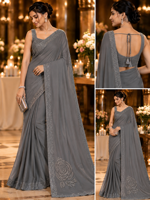 Beautiful swarovski Stones work Roses design beautiful Georgette Silk Saree. The Blouse Worn By The Model Is For Reference Purposes Only. The Blouse Piece Is Attached Separately With The Saree. Slight Variation In Color And Design May Occur.