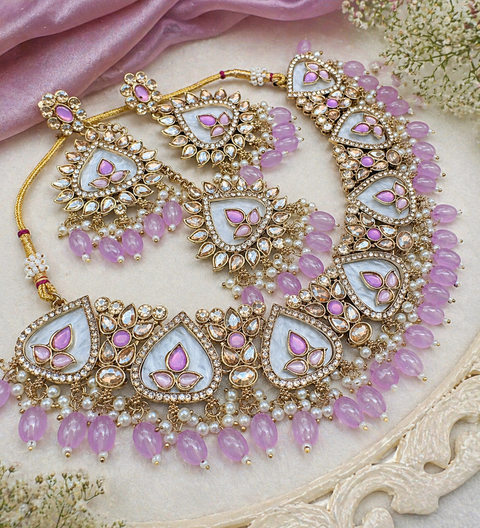 Original Polki stone with pearls beaded work beautiful necklace with earrings and tikka set