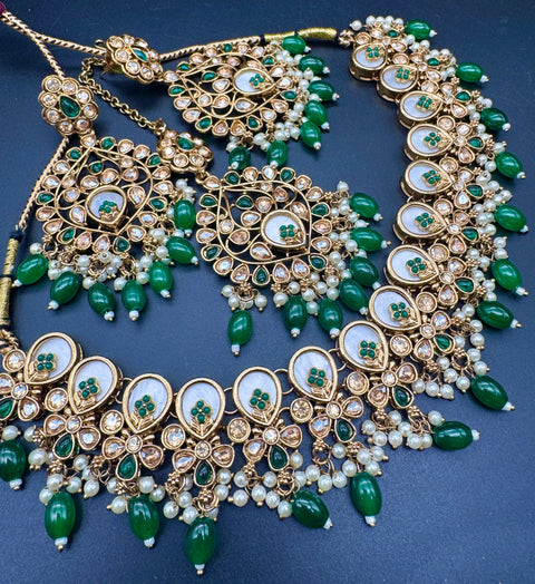 Original Polki stone with pearls beaded work beautiful necklace with earrings and tikka set