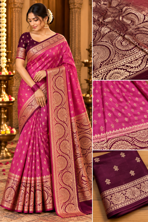 Soft & glossy crepe silk saree with a smooth, lightweight feel and beautifully flowy drape. Featuring rich woven zari floral motifs and an elegant detailed border .Blouse piece included. Slight variation in colour and design is possible.