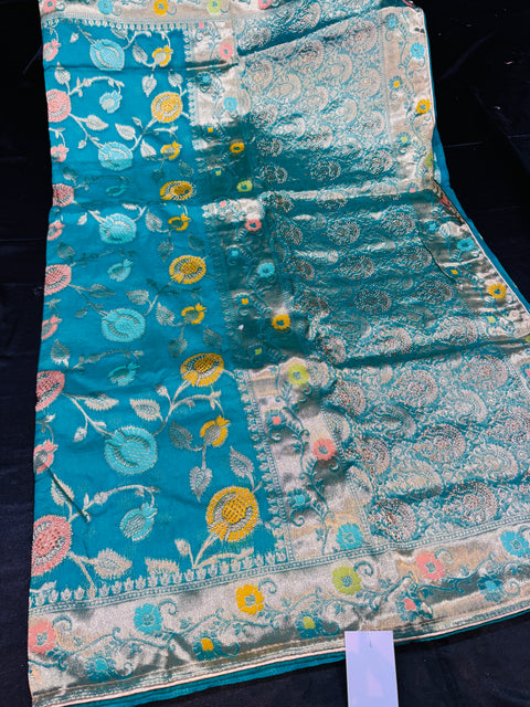 Organza silk very soft brocade saree with stone work and tessels attach on Pallu