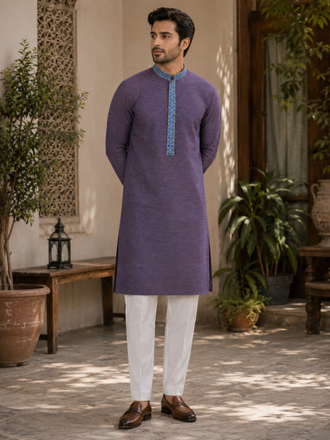 Two Shaded colour cotton kurta with pajama pants (slight variation in color and design is possible )