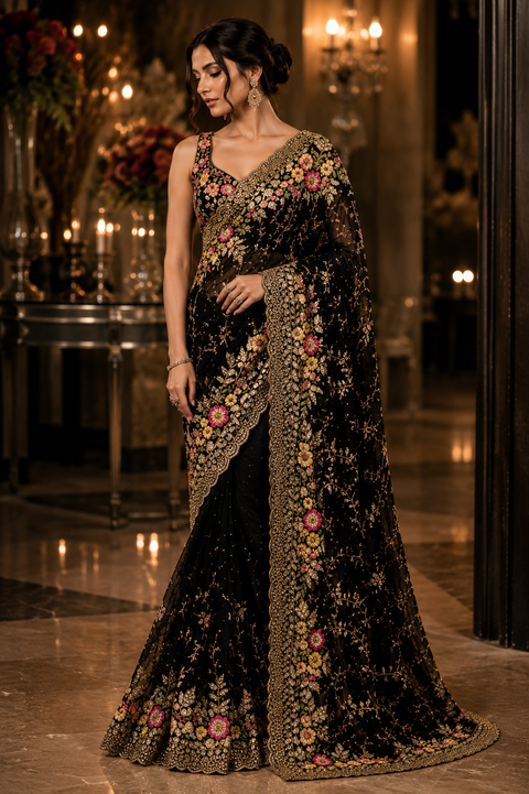 Bollywood style heavy work designer Saree with netting base fabric and stones work design all over with embroidery work (Blouse Piece Worn By Model Is For Reference Only, Blouse Piece Attached To Saree) Slight Variation In Color And Design)