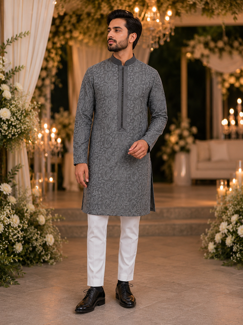 Dark grey colour georgette based chikankari work designner kurta with white pajama  pants (slight variation in color and design is possible )