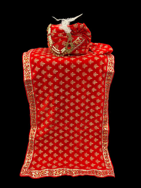 Red colour velvet based golden printed Dulha Pagdi With dupatta set