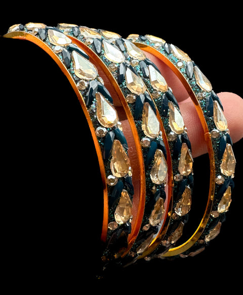 Beautiful fine jerkan stone with Crystal stone designer Brass bangles set (4 bangles in 1 set)(customised with plain Velvet or Metal Bangles )