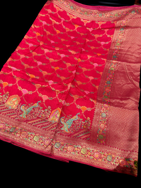 Red Multi Color Kashmiri Pashmina Silk Saree With Blouse Piece (very soft to set the pleates)