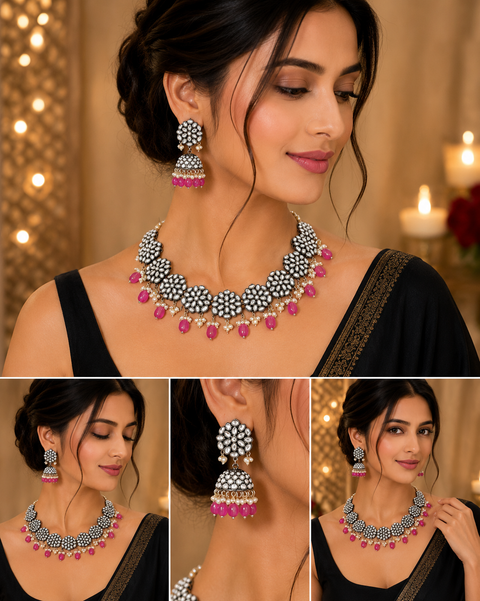 Oxidised look Necklace With jhumka (slight variation in color and design is possible)