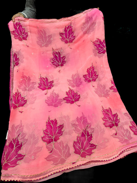 Beautiful handwork design on contrast leaf border on soft Georgette Saree with contrast blouse