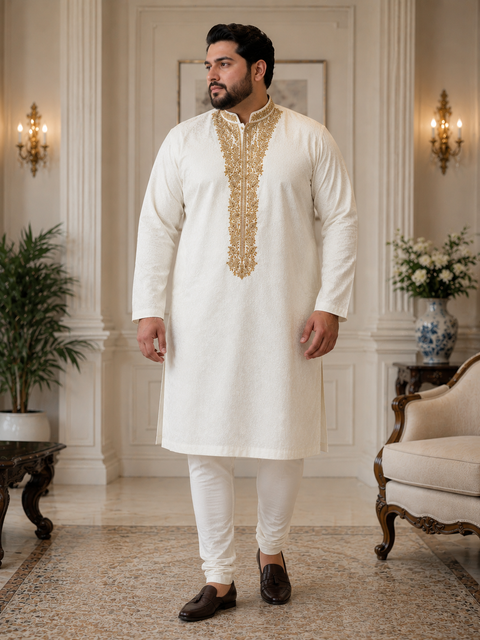 Plus size Soft silk based embroidery neck design kurta with pajama pants (slight variation in color and design is possible