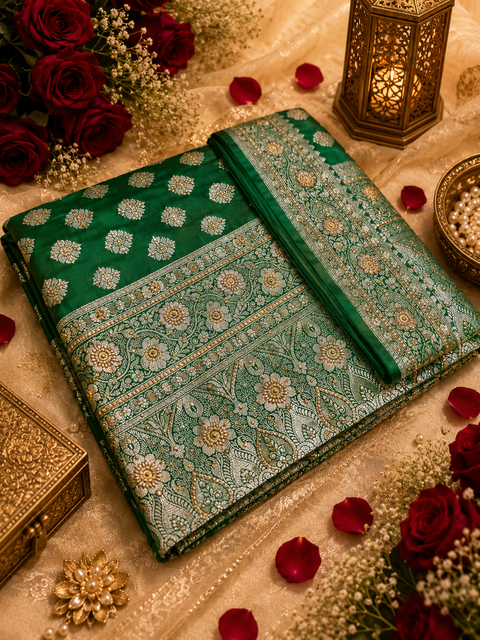 Luxurious Banarasi Silk Saree with rich zari weaving and elegant stone work on the pallu. Comes with an attached blouse piece. Model image is for reference only; slight variation in color and design may occur.