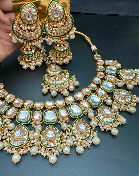 (Video clip attached) Kundan stone with pearls beaded work beautiful bridal/semi bridal necklace with earrings and tikka set