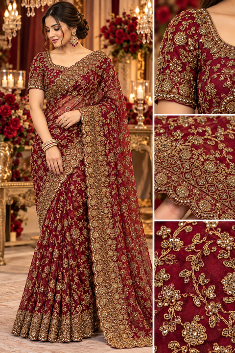 Elegant net saree featuring intricate all-over embroidery with beautiful stone work and a richly detailed border.Comes with an attached blouse piece,the blouse worn by the model is for reference only. Slight variation in colour & design may occur