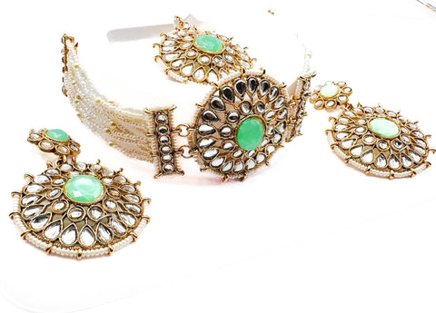 Pearls beaded with Kundan stone beautiful choker necklace with Earrings & Tikka