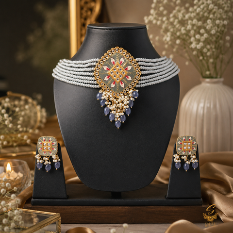 Beautiful Meenakari work with Kundan stone choker Set With Elegant Pearl Detailing (Slight Variation In Color, Design, And Finishing May Occur
