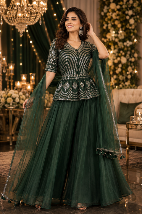 Georgette based handwork with Stones design beautiful flared Kameez with georgette Sharara and netting Dupatta (slight variation in color and design is possible)