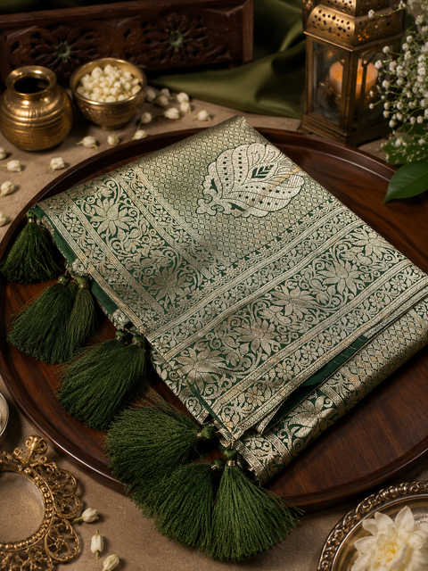 Elegant Banarasi Silk Saree with stone-work border. Blouse worn by the model is for reference only; saree comes with its own attached blouse piece. Slight variation in color and design may occur