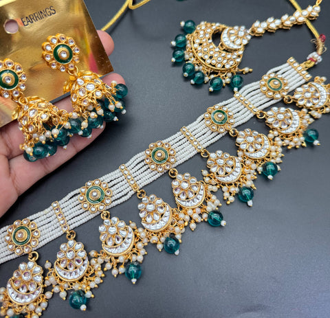 Kundan stone with pearls beaded choker set with beautiful earrings & tikka