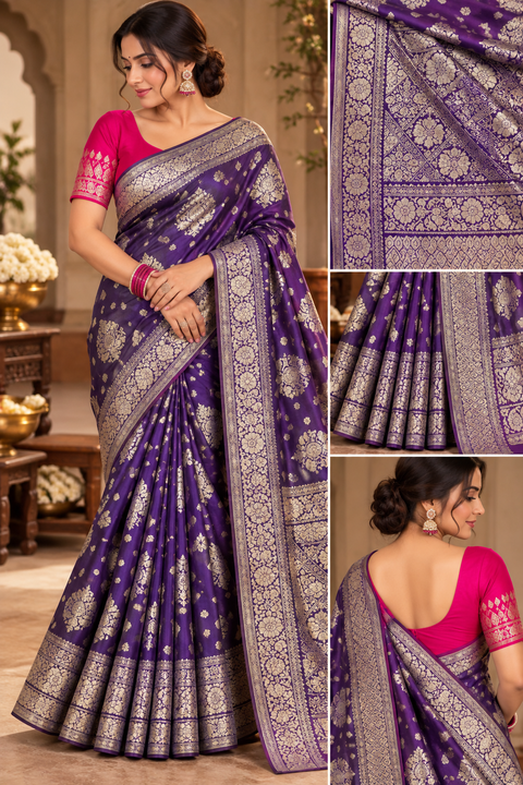 Luxuriously soft silk saree with a smooth, lightweight feel and beautifully flowy drape. Featuring rich woven zari floral motifs and an elegant detailed border .Blouse piece included. Slight variation in colour and design is possible.