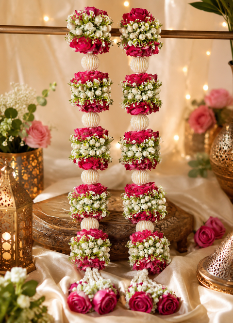 Beautifully Pink Roses with crafted Mogra flowers and pearls Varmala / Jailmala , featuring elegant floral detailing and rich traditional accents. A perfect choice to add a graceful touch to your special wedding ceremony.(comes in one pair)